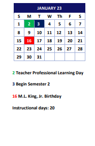 District School Academic Calendar for Centennial Place Elementary School for January 2023