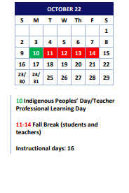 District School Academic Calendar for Parkside Elementary School for October 2022