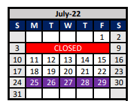 District School Academic Calendar for Aubrey Elementary for July 2022