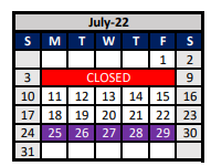 District School Academic Calendar for Denton Co J J A E P for July 2022