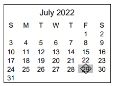 District School Academic Calendar for Dartmouth Elementary School for July 2022
