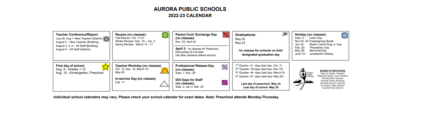 District School Academic Calendar Key for Aurora Central High School