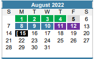 District School Academic Calendar for Aces- Alternative Center For Eleme for August 2022