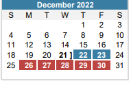 District School Academic Calendar for Austin St Hospital for December 2022