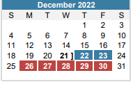 District School Academic Calendar for Kocurek Elementary for December 2022