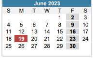 District School Academic Calendar for Gullett Elementary for June 2023