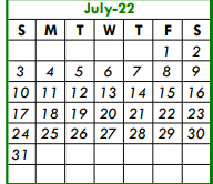 District School Academic Calendar for W E Hoover Elementary for July 2022