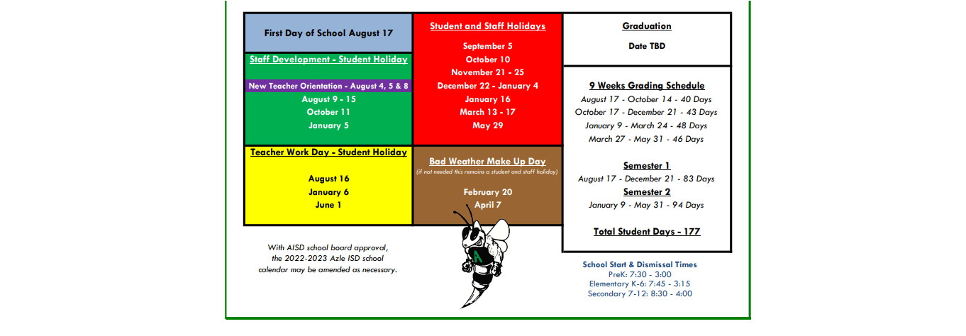 District School Academic Calendar Key for Azle Elementary