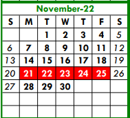 District School Academic Calendar for Tarrant Co J J A E P for November 2022