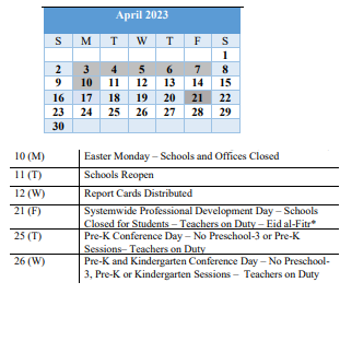District School Academic Calendar for Sudbrook Magnet Middle for April 2023