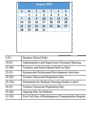 District School Academic Calendar for Bridge Center for August 2022