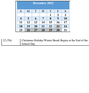 District School Academic Calendar for Meadowood Education Center for December 2022