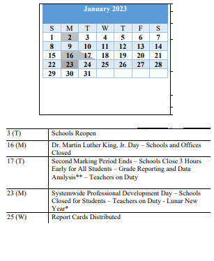 District School Academic Calendar for Hillcrest Elementary for January 2023