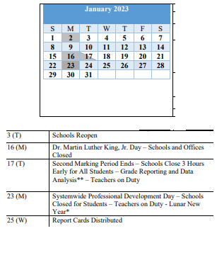 District School Academic Calendar for Martin Boulevard Elementary for January 2023