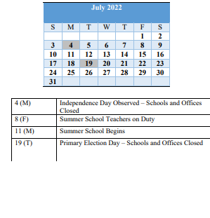 District School Academic Calendar for Featherbed Lane Elementary/primary for July 2022