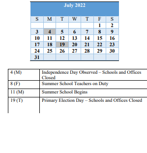 District School Academic Calendar for Martin Boulevard Elementary for July 2022
