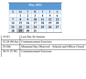 District School Academic Calendar for Fifth District Elementary for May 2023