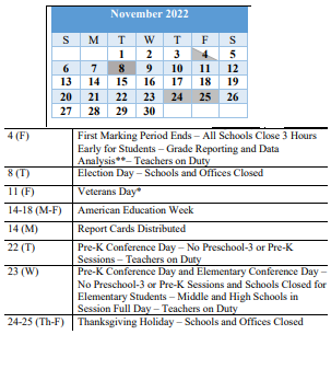 District School Academic Calendar for Bridge Center for November 2022