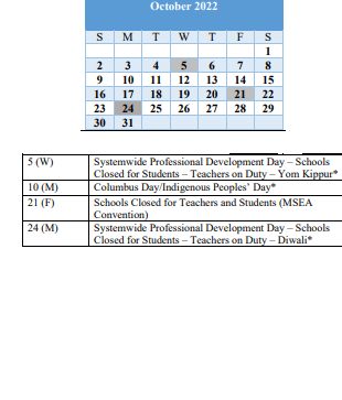 District School Academic Calendar for Westchester Elementary for October 2022