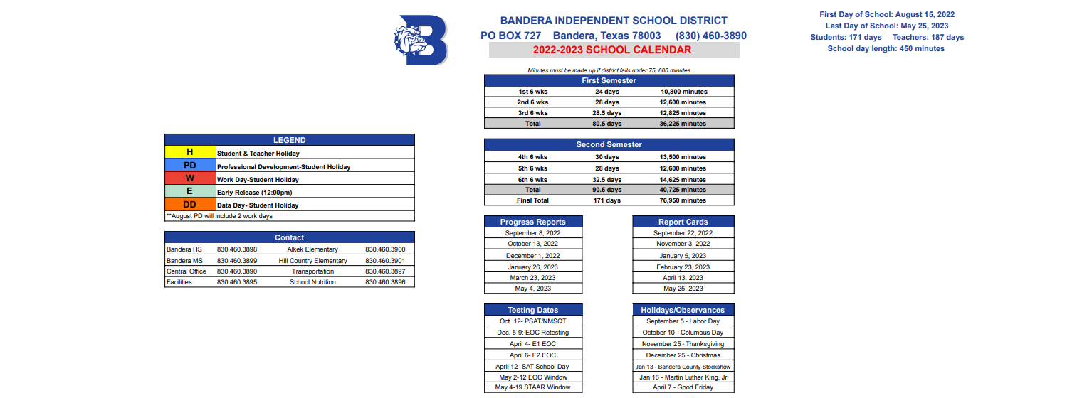 District School Academic Calendar Key for Bandera Middle