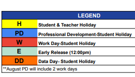 District School Academic Calendar Legend for Hill Country Elementary