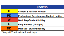 District School Academic Calendar Legend for Alkek Elementary