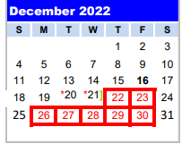 District School Academic Calendar for Hardin Chambers Alter for December 2022