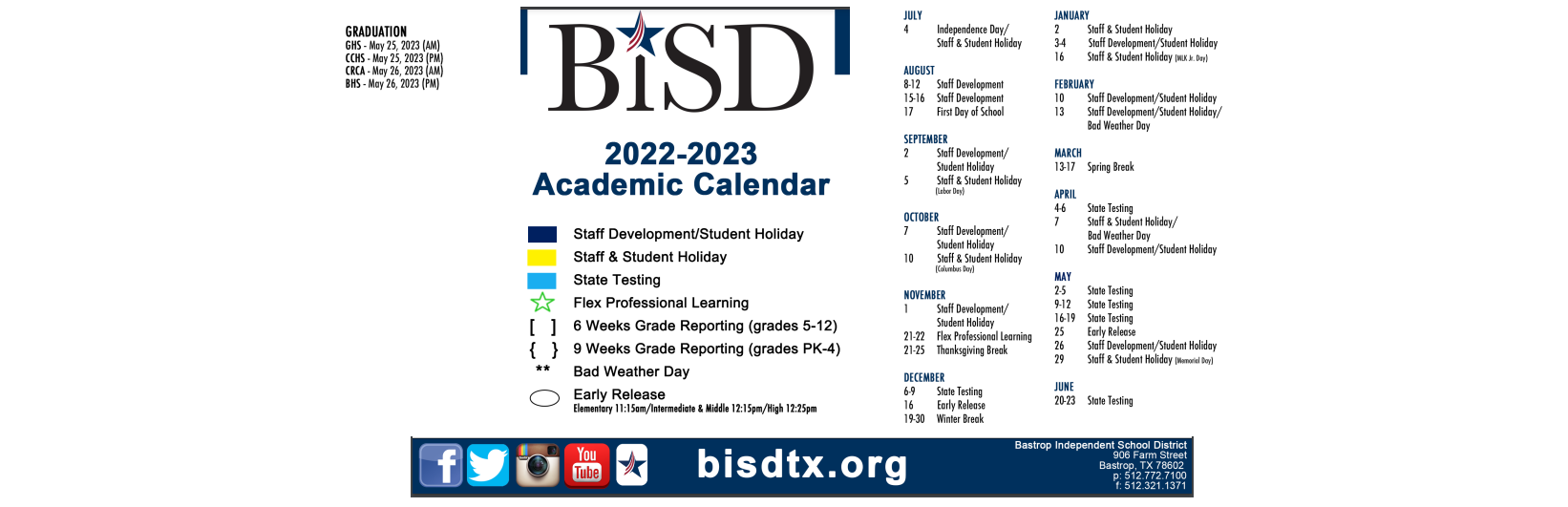 District School Academic Calendar Key for Bastrop Intermediate