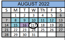 District School Academic Calendar for Matagorda Co J J A E P for August 2022