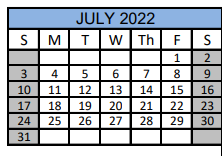 District School Academic Calendar for Matagorda Co J J A E P for July 2022