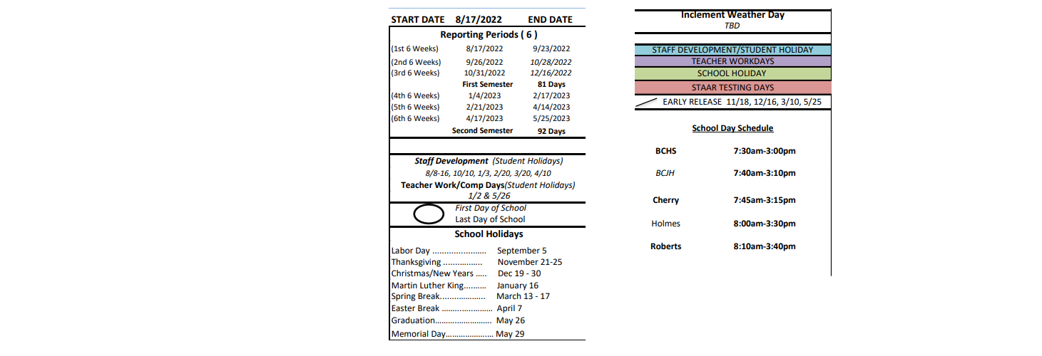 District School Academic Calendar Key for Matagorda Co J J A E P