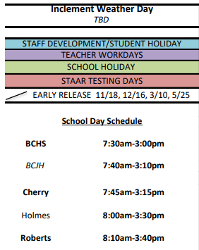 District School Academic Calendar Legend for Bay City Middle School