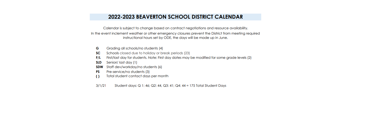 District School Academic Calendar Key for Raleigh Hills Elementary School