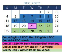 District School Academic Calendar for R A Hall Elementary for December 2022