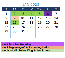 District School Academic Calendar for R A Hall Elementary for January 2023