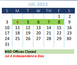 District School Academic Calendar for Moreno J H for July 2022