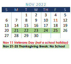 District School Academic Calendar for R A Hall Elementary for November 2022