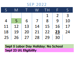 District School Academic Calendar for Learning Resource Center for September 2022