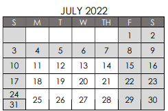 District School Academic Calendar for Spicer Alter Ed Ctr for July 2022