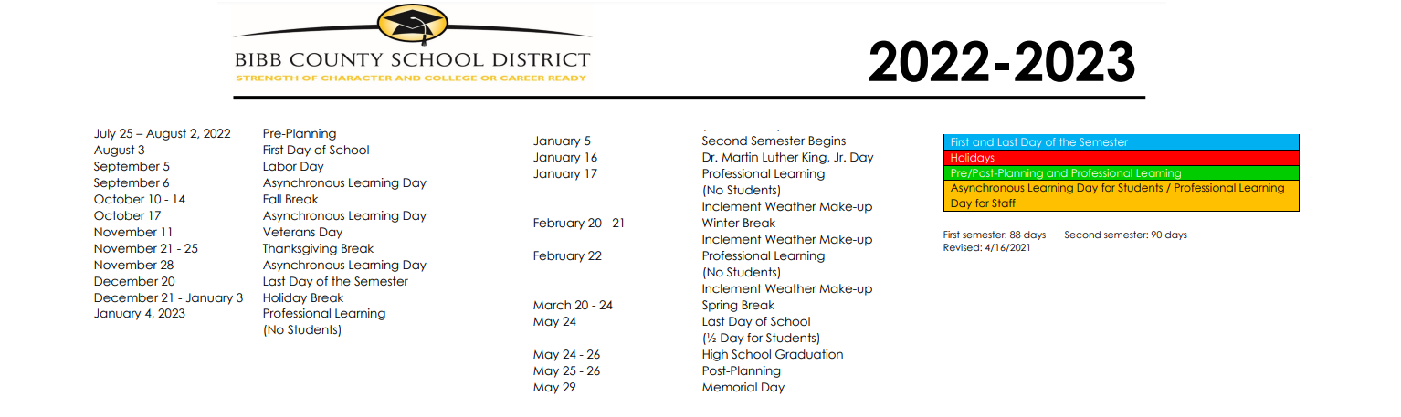 District School Academic Calendar Key for Bibb County High School