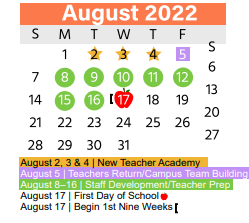 District School Academic Calendar for South Birdville Elementary for August 2022