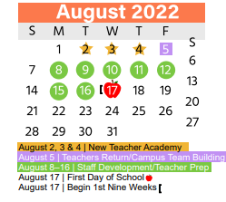 District School Academic Calendar for Homebound for August 2022