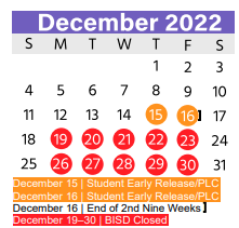 District School Academic Calendar for W A Porter Elementary for December 2022