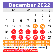 District School Academic Calendar for Academy At West Birdville for December 2022