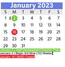 District School Academic Calendar for Alliene Mullendore Elementary for January 2023