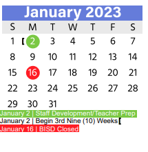 District School Academic Calendar for Tarrant Co J J A E P for January 2023