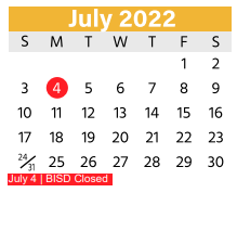 District School Academic Calendar for Birdville Elementary for July 2022