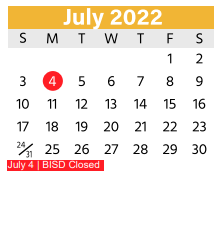 District School Academic Calendar for Homebound for July 2022