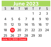District School Academic Calendar for South Birdville Elementary for June 2023