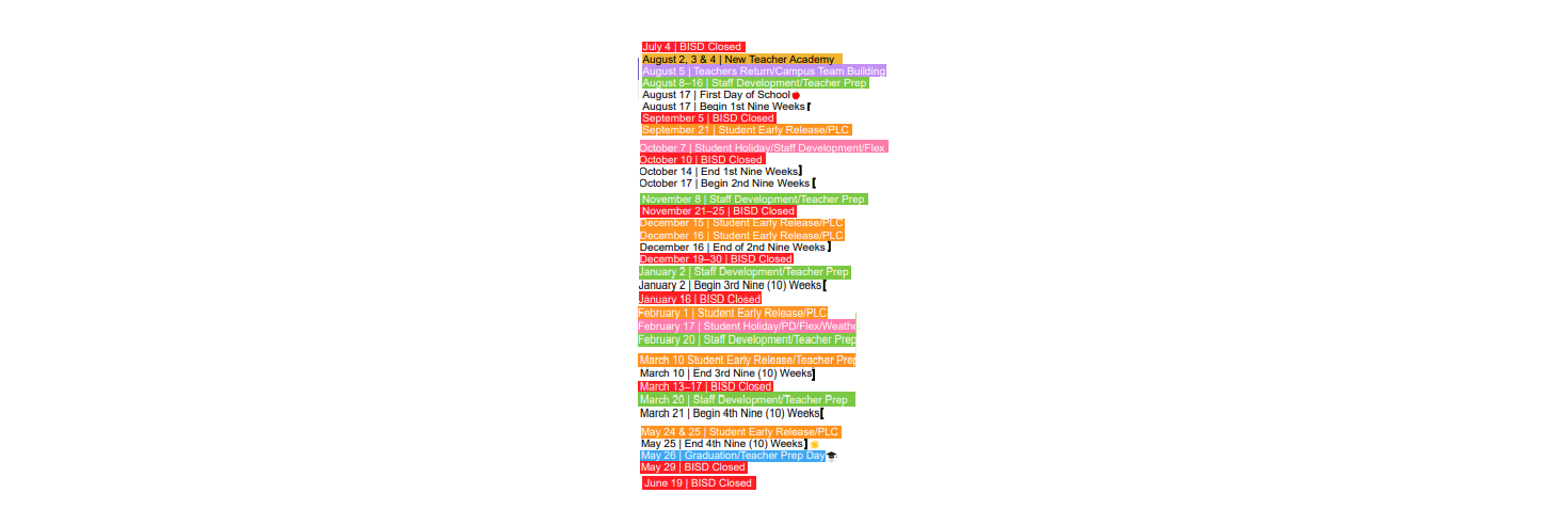 District School Academic Calendar Key for Tarrant Co J J A E P